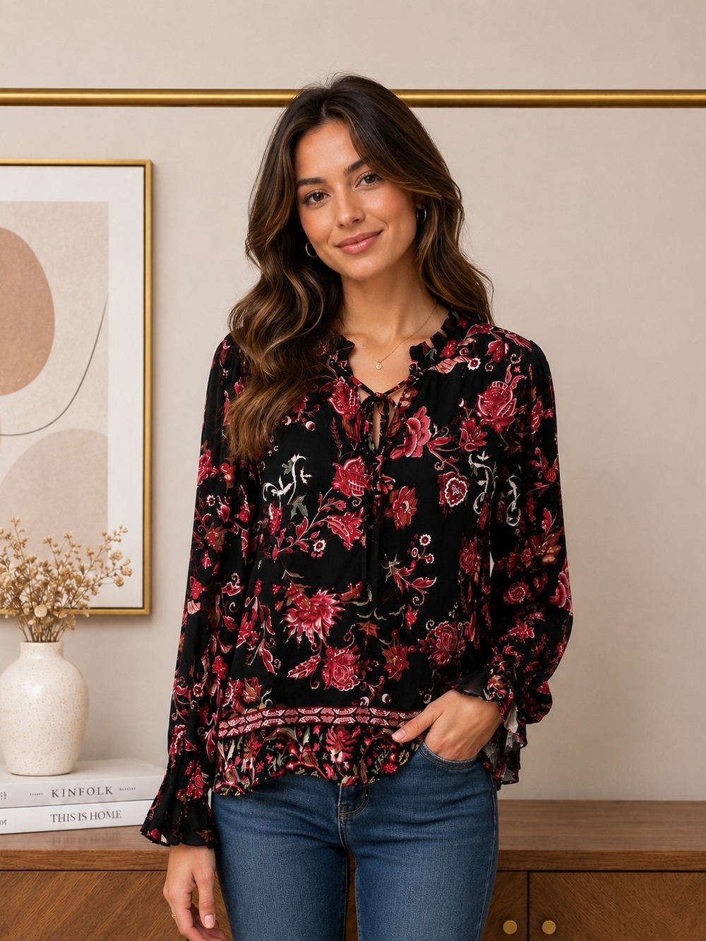 INC International Concepts Women’s XL Black Pink Floral Boho Peasant Blouse - Picture 3 of 6